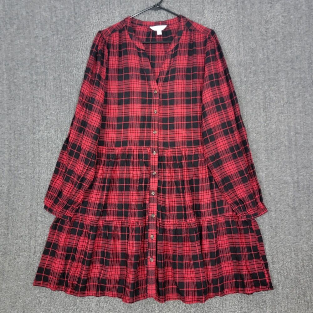 Time And Tru Shirt Dress Womens L 12 - 14 Red Black Tartan Plaid Tiered Flannel